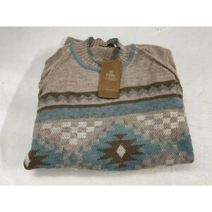 Sol 100% Baby Alpaca Tan And Blue Pullover V-neck Sweater Men's LS Aztec Pattern